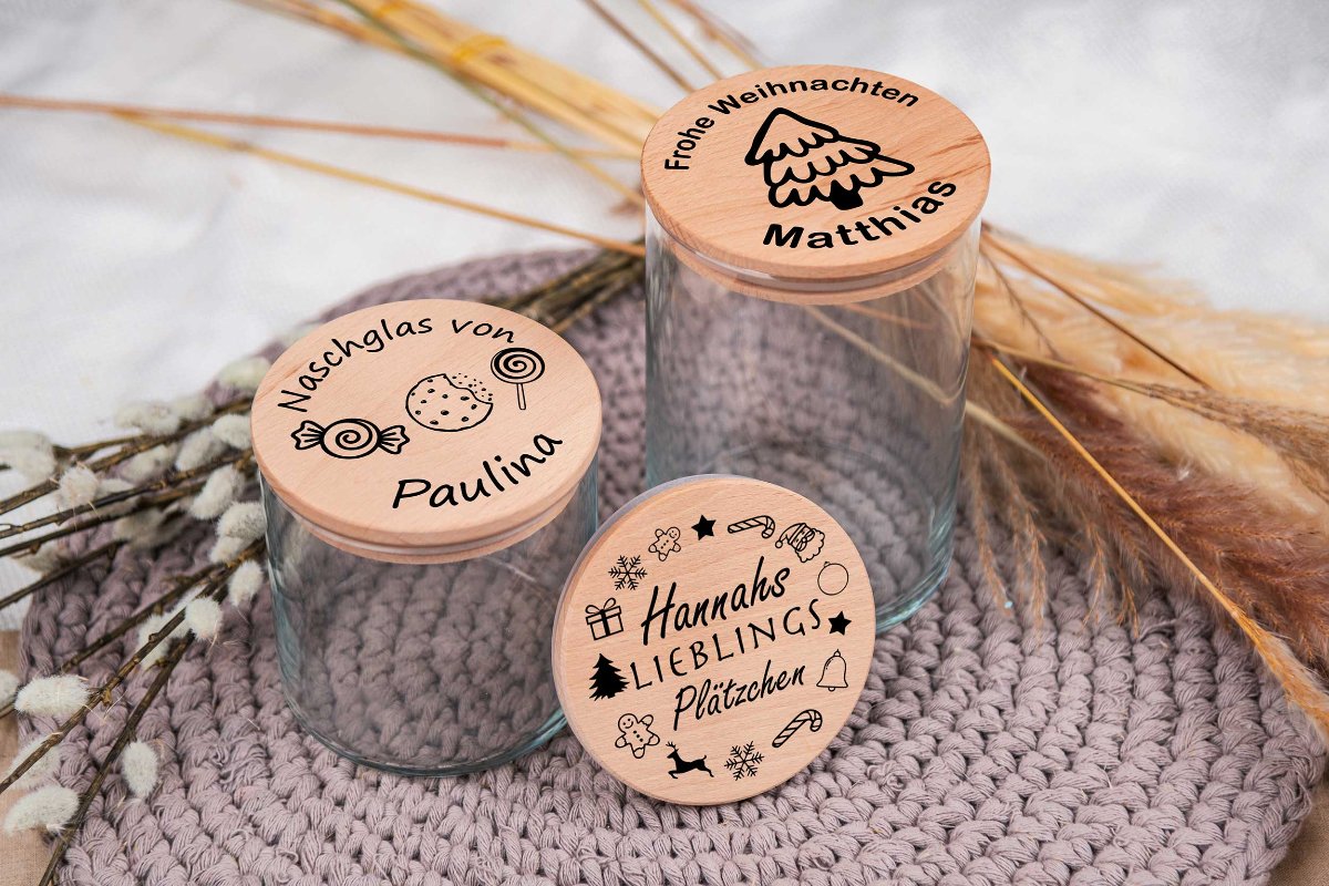 Personalisierte Keksdose mit Namen und Holzdeckel - Vorratsglas