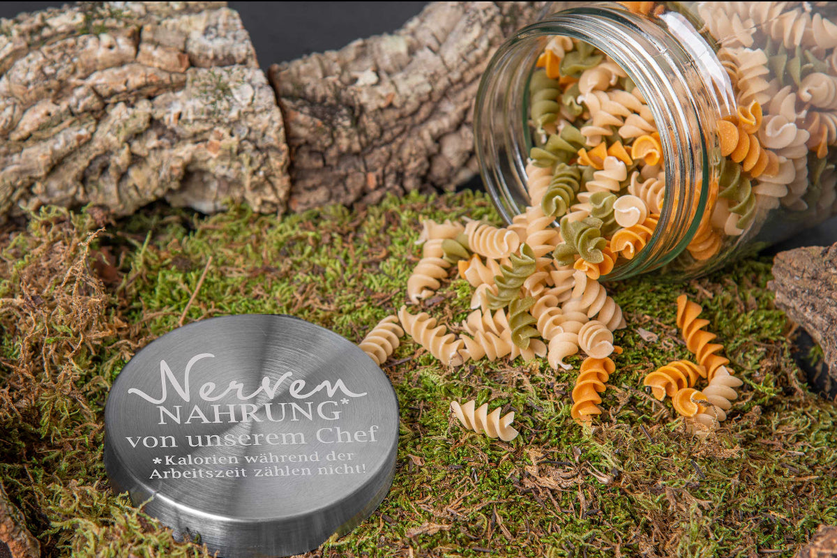 Pesonalisiertes Vorratsglas mit Edelstahl-Deckel und Wunschgravur