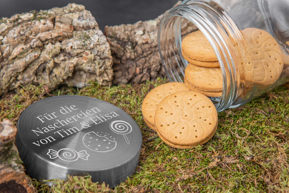 Vorratsglas personalisiert mit Wunschtext und Edelstahl-Deckel