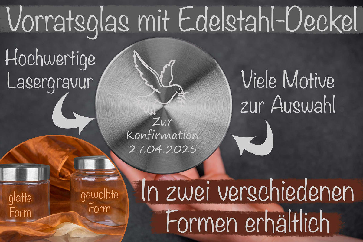 Vorratsglas personalisiert Deiner Wunschgravur und Edelstahl-Deckel