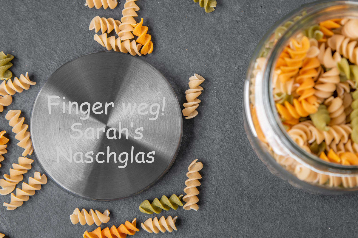 Vorratsglas personalisiert Deiner Wunschgravur und Edelstahl-Deckel