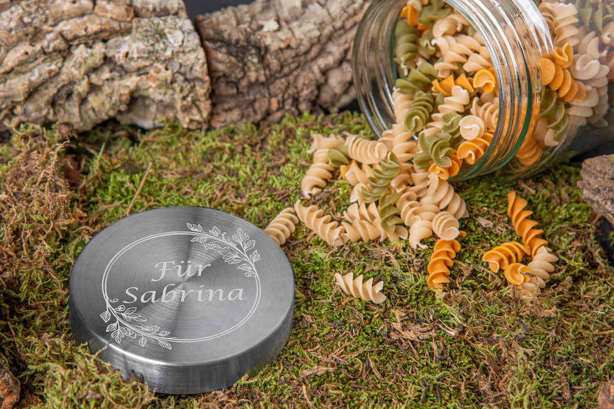 Vorratsglas personalisiert Deiner Wunschgravur und Edelstahl-Deckel