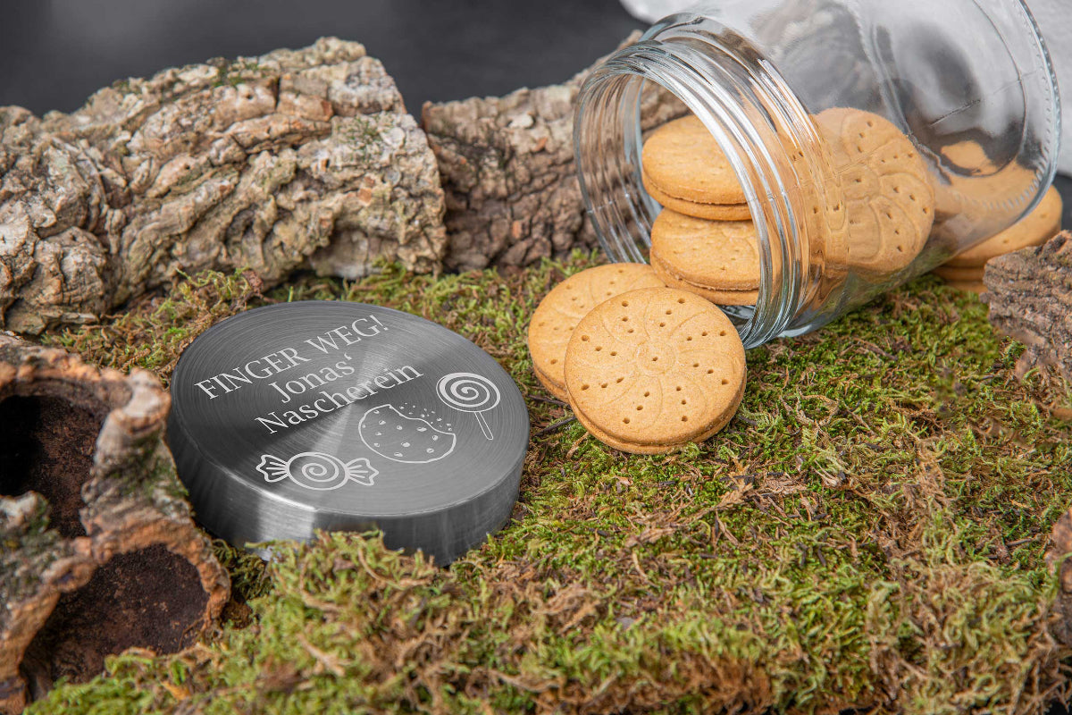 Vorratsglas personalisiert Deiner Wunschgravur und Edelstahl-Deckel