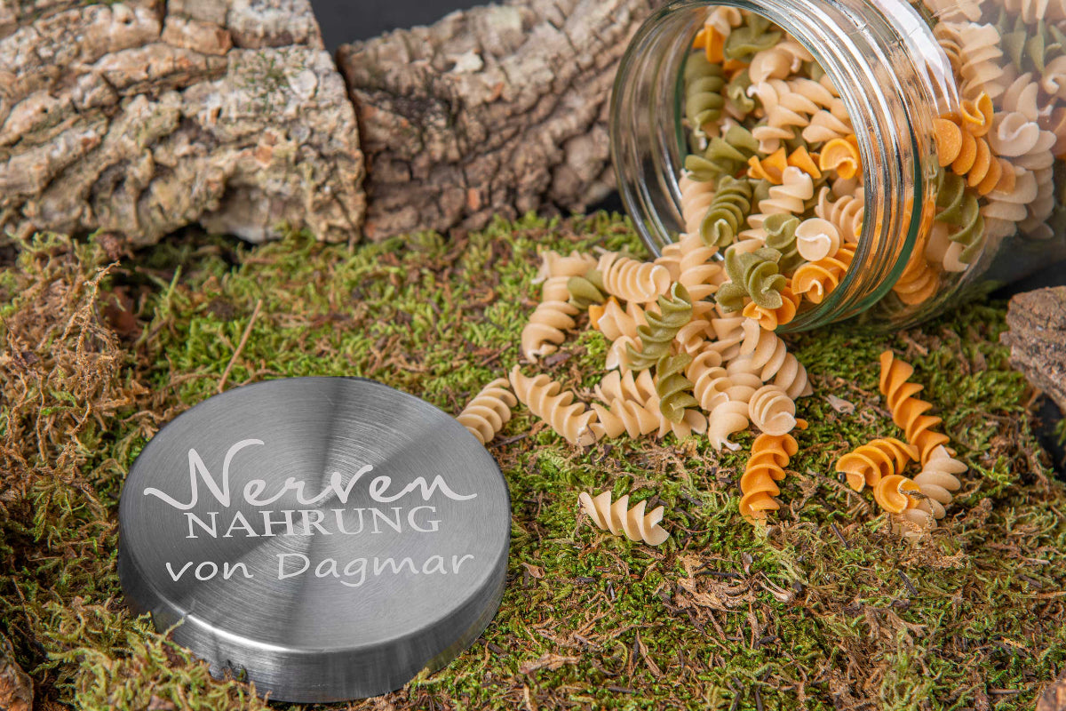 Vorratsglas mit Edelstahl Deckel und Deiner Wunschgravur