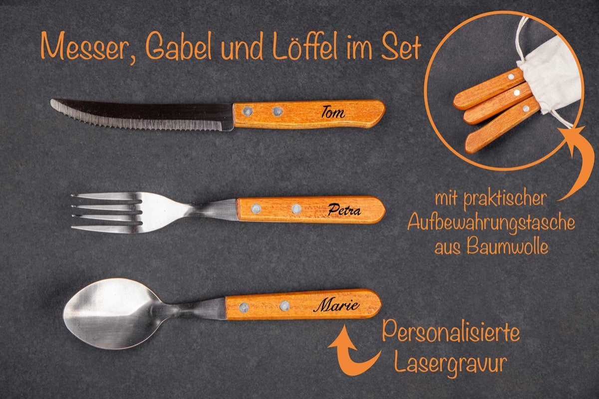 Messer, Gabel und Löffel mit personalisierter Lasergravur