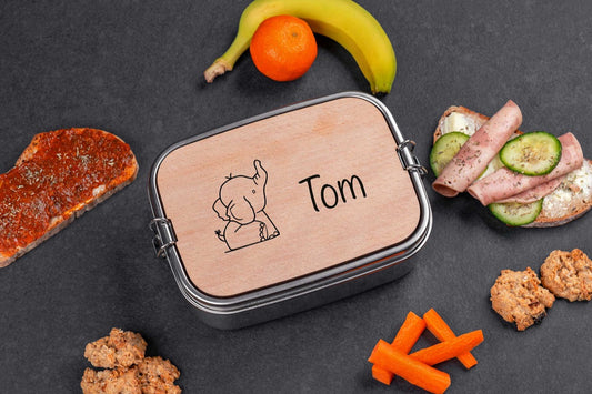 Brotdose personalisiert aus Edelstahl mit Holzdeckel als Schneidebrett