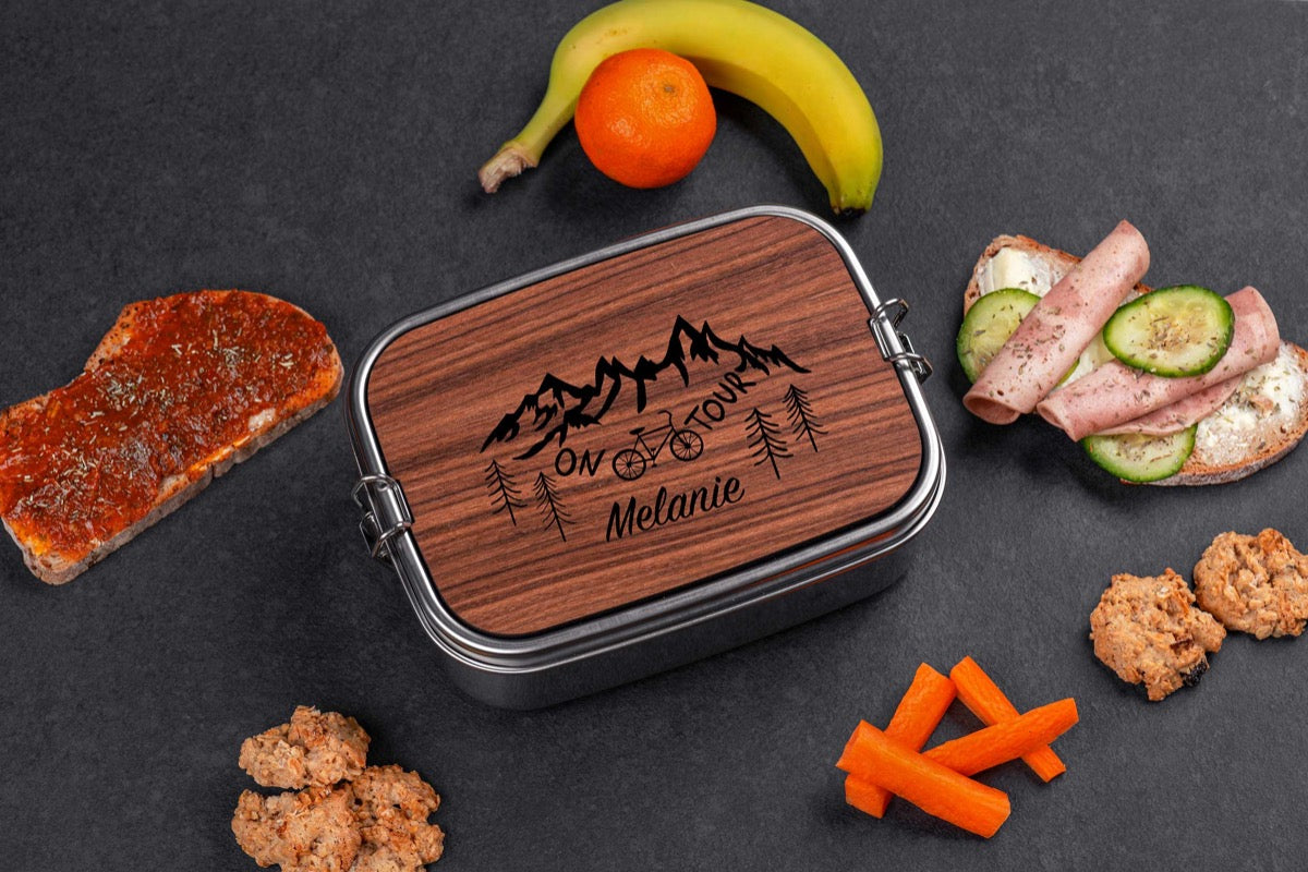 Edelstahl Brotdose personalisiert mit Namen mit Holzdeckel