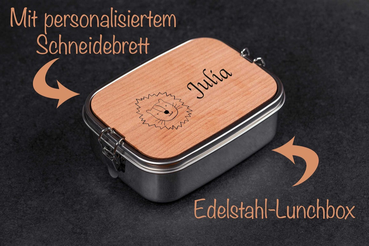Brotdose personalisiert aus Edelstahl mit Holzdeckel als Schneidebrett