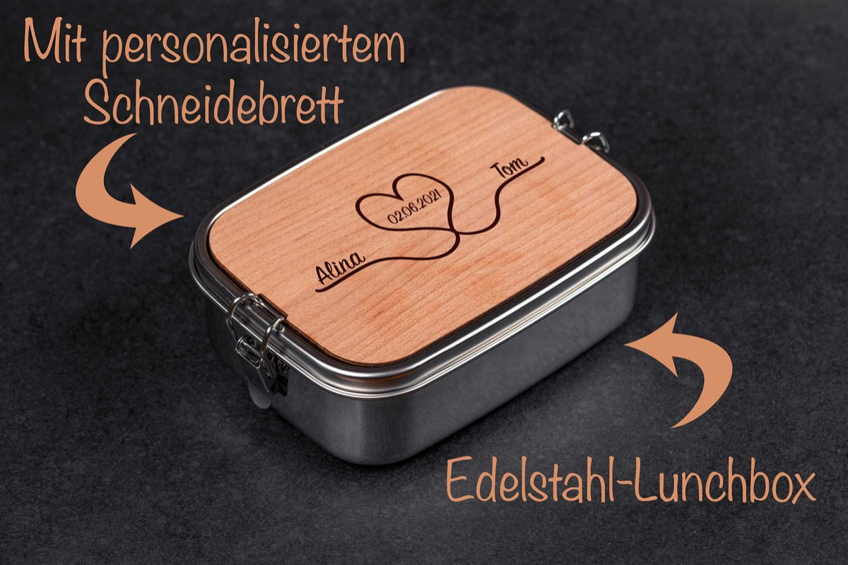 Edelstahl Brotdose personalisiert mit Namen mit Holzdeckel