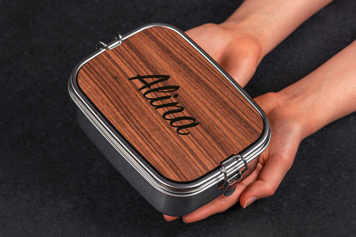 Edelstahl Brotdose personalisiert mit Namen mit Holzdeckel