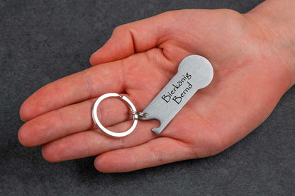 Schlüsselanhänger personalisiert mit Einkaufswagenchip und Flaschenöffner in Einem