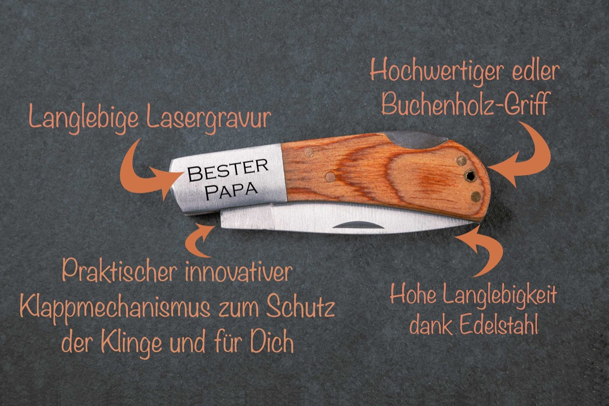 Taschenmesser personalisiert aus Edelstahl mit Buchenholz-Griff