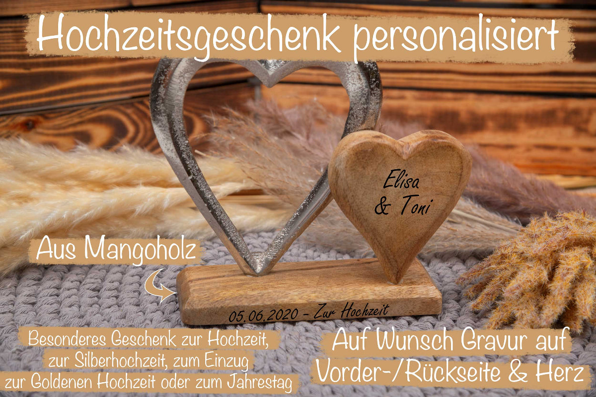 Hochzeitsgeschenk Holz Herz klein mit Gravur personalisiert