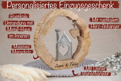 Einzugsgeschenk Haus im rustikalen Kreis mit Gravur personalisiert