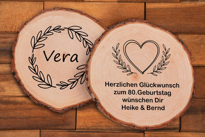 Baumscheibe mit Gravur und vielen Motiven