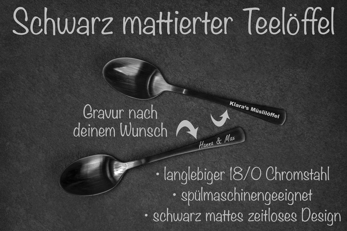 Schwarz mattierter Teelöffel mit Gravur nach Wunsch personalisiert