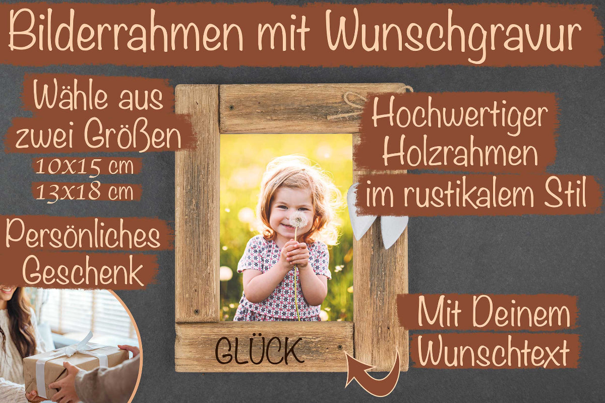Bilderrahmen personalisiert mit Wunschgravur aus rustikalem Holz