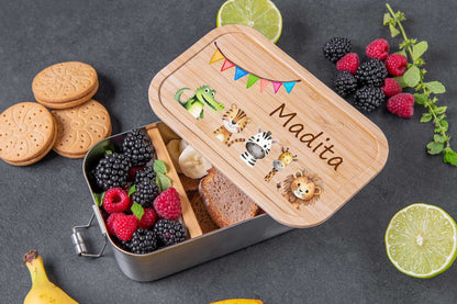 Brotdose personalisiert mit Bambusdeckel für Kinder bunt – diekreativwelt