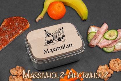 Brotdose personalisiert aus Edelstahl mit Holzdeckel als Schneidebrett