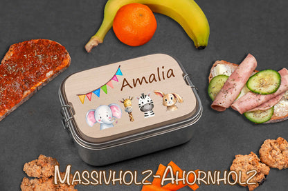 Brotdose personalisiert mit Holzdeckel für Kinder bunt