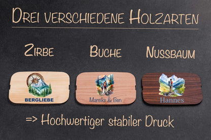 Brotdose personalisiert mit Holzdeckel mit Bergmotiven bunt