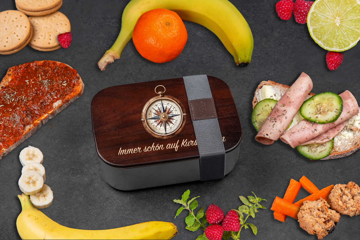 Premium Edelstahl Brotdose mit Akazienholzdeckel personalisiert mit Namen