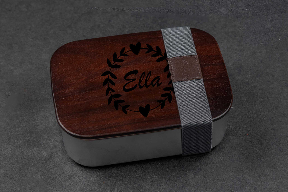 Premium Edelstahl Brotdose mit Akazienholzdeckel personalisiert mit Namen
