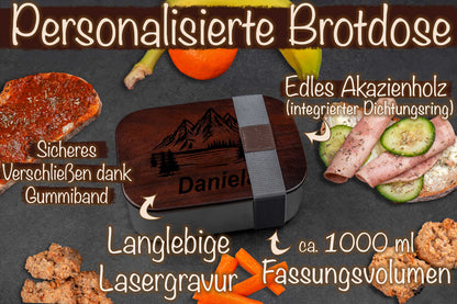 Premium Edelstahl Brotdose mit Akazienholzdeckel personalisiert mit Namen