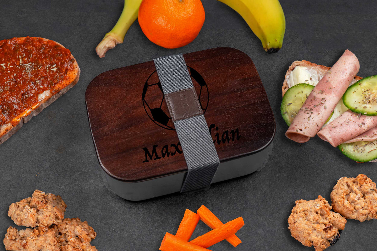 Premium Edelstahl Brotdose mit Akazienholzdeckel personalisiert mit Namen für Kinder