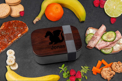 Premium Edelstahl Brotdose mit Akazienholzdeckel personalisiert mit Namen für Kinder