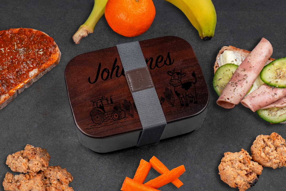 Premium Brotdose aus Edelstahl mit Akazienholzdeckel personalisiert für Kinder