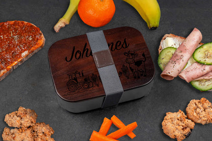Premium Brotdose aus Edelstahl mit Akazienholzdeckel personalisiert für Kinder