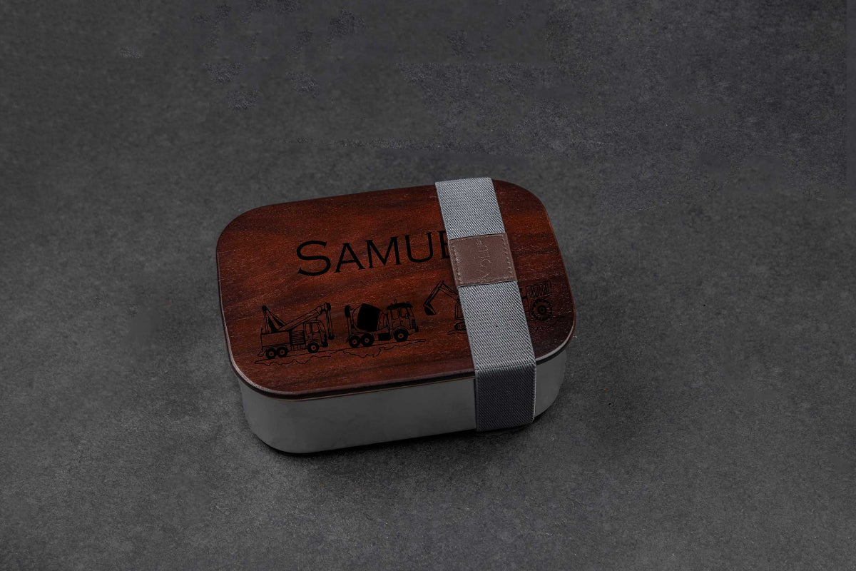 Premium Brotdose aus Edelstahl mit Akazienholzdeckel personalisiert für Kinder