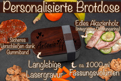 Premium Brotdose aus Edelstahl mit Akazienholzdeckel personalisiert für Kinder