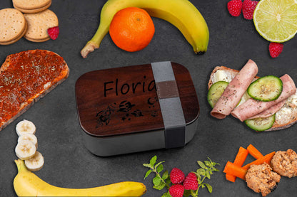 Premium Brotdose aus Edelstahl mit Akazienholzdeckel personalisiert für Kinder