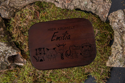 Premium Brotdose aus Edelstahl mit Akazienholzdeckel personalisiert für Kinder