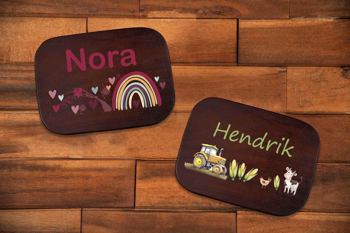 Premium Brotdose aus Edelstahl mit Akazienholzdeckel personalisiert für Kinder