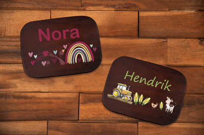 Premium Brotdose aus Edelstahl mit Akazienholzdeckel personalisiert für Kinder