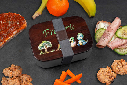 Premium Brotdose aus Edelstahl mit Akazienholzdeckel personalisiert für Kinder