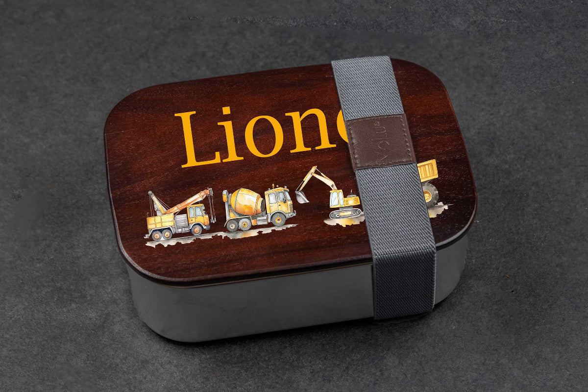 Premium Brotdose aus Edelstahl mit Akazienholzdeckel personalisiert für Kinder