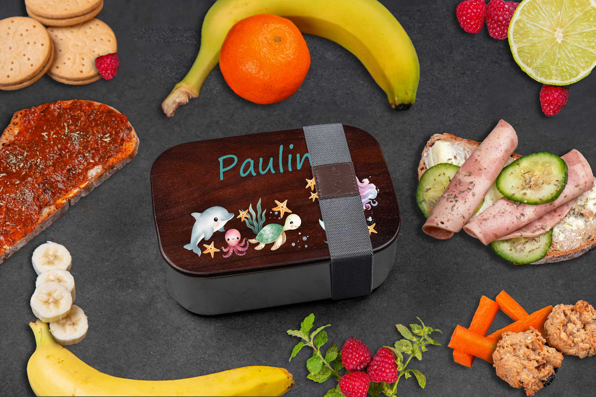 Premium Brotdose aus Edelstahl mit Akazienholzdeckel personalisiert für Kinder