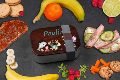 Premium Brotdose aus Edelstahl mit Akazienholzdeckel personalisiert für Kinder