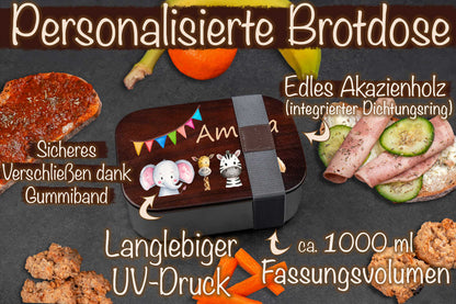 Premium Brotdose aus Edelstahl mit Akazienholzdeckel personalisiert für Kinder