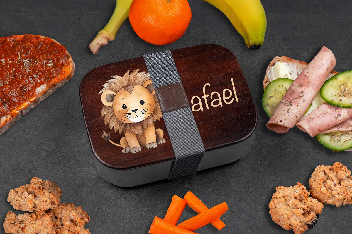 Premium Brotdose aus Edelstahl mit Akazienholzdeckel personalisiert für Kinder
