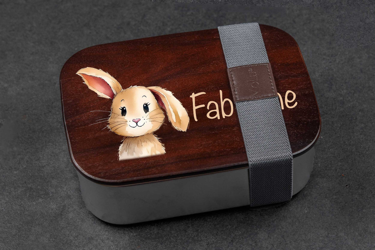 Premium Brotdose aus Edelstahl mit Akazienholzdeckel personalisiert für Kinder