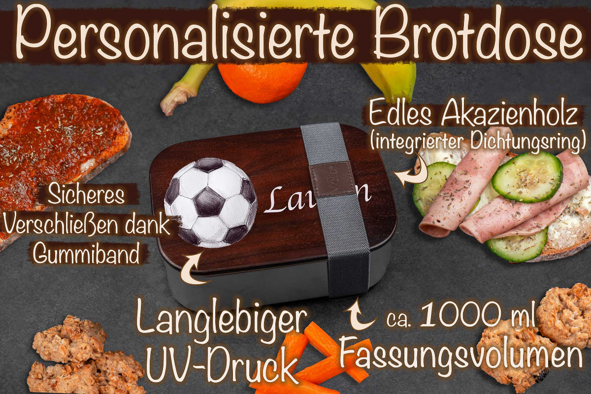Premium Brotdose aus Edelstahl mit Akazienholzdeckel personalisiert für Kinder