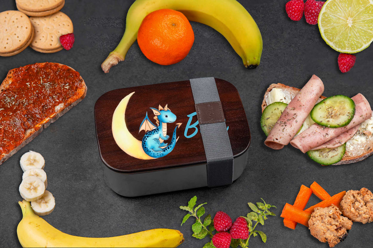 Premium Brotdose aus Edelstahl mit Akazienholzdeckel personalisiert für Kinder