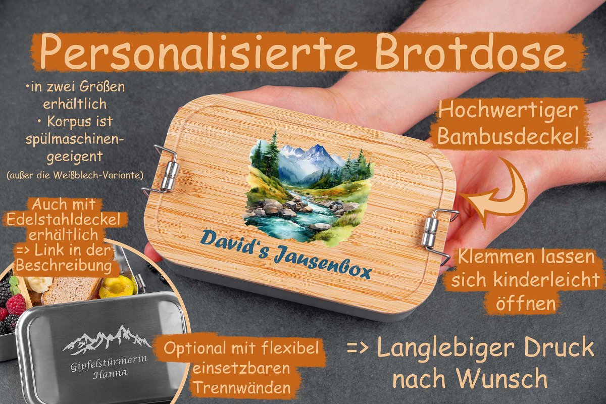 Brotdose personalisiert mit bunten Bergmotiven und Bambusdeckel