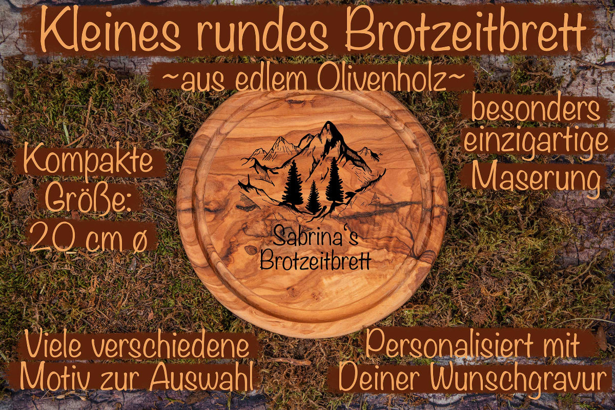 Rundes Brotzeitbrett Olivenholz mit vielen Motiven und Wunschgravur - Schneidebrett