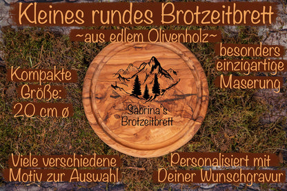 Rundes Brotzeitbrett Olivenholz mit vielen Motiven und Wunschgravur - Schneidebrett